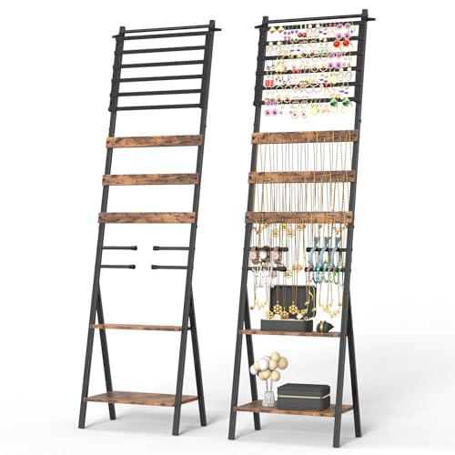 Jewelry Stand Floor Standing Jewelry Holder Organizer Jewelry Organizer Stand with Necklace Holder Earring Organizer Freestanding Jewelry Armoire for Watches, Rings, Bangle - color: Brown