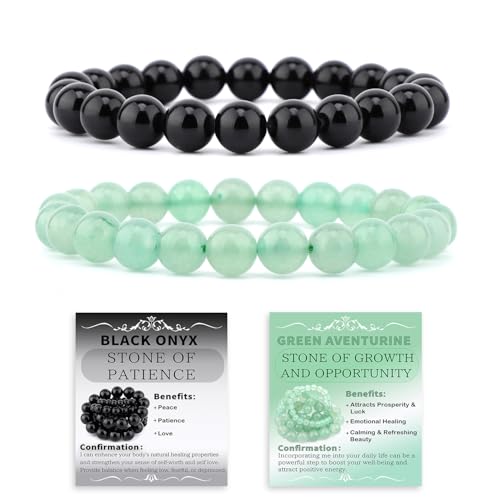 NCB 2.3-Piece 4mm Natural Crystal Gemstone Stretch Bracelets – Handmade Reiki Energy Healing Jewelry for Meditation,Yoga, Unisex - color: 2PCS ( Black Onyx+Green Aventurine ), size: 8mm
