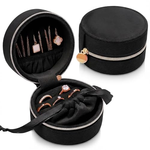 CONBOLA Travel Jewelry Case Small Jewelry Box for Women Girls,Round Velvet Mini Jewelry Travel Organizer,Portable Jewelry Box for Rings Earrings Necklaces Bracelets.(Black,Small) - color: Black, size: Small