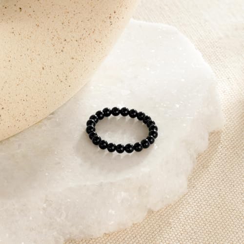 NLIEO Natural Gemstone Stretch Beaded Rings for Women Stackable Dainty Elastic Crystal Rings Jewelry - style: Black Onyx