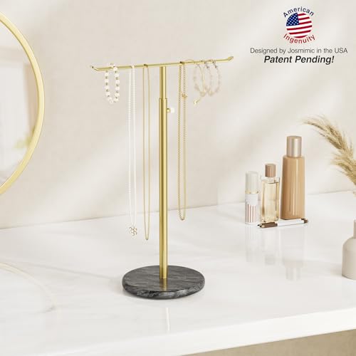 Gold Necklace Holder Jewelry Organizer Stand – Adjustable Height T‑Bar Jewelry Display with Dark Gray Marble Base, Necklace & Bracelet Holder, Countertop Jewelry Stand - color: Glod & Black