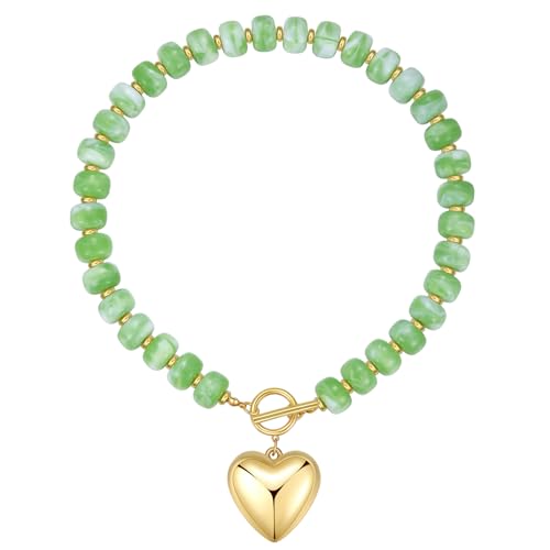 GZQ Chunky Gold Heart Necklace for Women, Resin Beaded Chain with Puff Heart Adjustable Clasp, Perfect for Daily Wear Party Date Streetwear Outfits Fashion Jewelry Gift - color: Grass Green