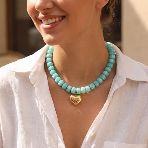 Chunky Heart Necklace for Women, Colorful Acrylic Beaded Statement Puff Heart Necklace, Cute Boho Y2K Choker Necklace for Gift Jewelry - color: Lake Blue
