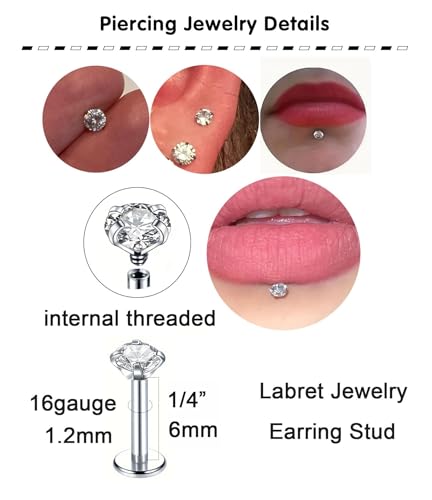 QWALIT Piercing Taper Threadless Insertion Tool - Titanium Labret Pin 16g, 18g, 20g - color: D11 - Silver Threaded+Threadless