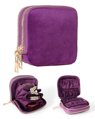 COOLYOUTH Travel Jewelry Case Organizer for Women Portable Jewelry Box with Small Pouches Mini Jewelry Bag for Rings, Bracelets, & Bangles with Smooth Metal Zipper (Plum Purple) - color: Plum Purple