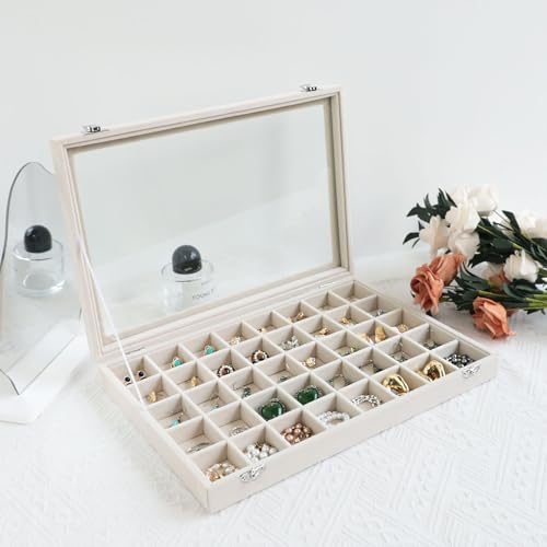 Wudygirl Large Jewelry Organizer Box with 40 Compartments Earring Holder Organizer Velvet Ring Display and Necklace Storage Tray Jewelry Box for Women (Beige Velvet) - style: Beige 40 Grid Tray