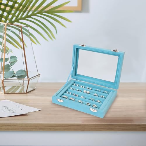 Jewelry Box Rings Organizer Tray 7 Slots Velvet Jewelry Earring Storage Box With Transparent Lid Jewelry Display Case for Girls Women (Light Blue) - color: Light Blue