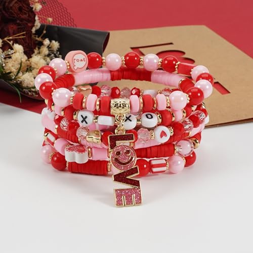 6PCS Valentine’s Day Clay Heishi Bracelet Set for Women- Red Pink Heart Love KISS XOXO Beaded Stretch Bracelets - Handmade Polymer Clay Crystal Glass Stackable Jewelry Gift for Galentine's Anniversary - color: LOVE-08