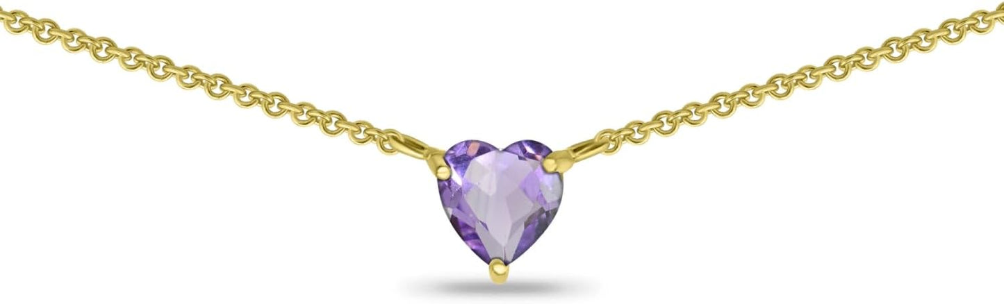 Birthstone Necklace for Women - Genuine or Synthetic Gemstone, 7mm Heart Solitaire, Short Dainty Layered Choker, Silver