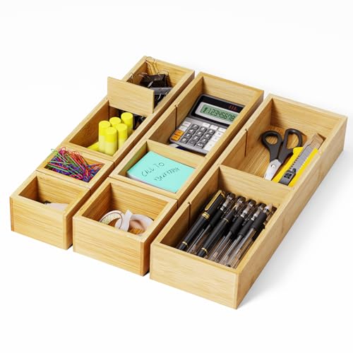 6PCS Desk Drawer Organizer Tray with 12 Compartments – Bamboo Office Storage Boxes Set for Junk Drawer Supplies, Utensils, Cosmetics, Jewelry and More - size: 12 Compartments