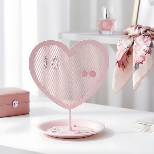 Earring Holder for Girls – Heart-Shaped Pink Metal Stand Jewelry Organizer with Tray for Rings & Bracelets, Cute Vanity Display for Teen Room Decor