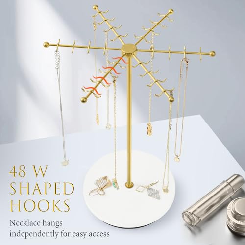 Poyilooo Necklace Holder Jewelry Stand, Rotating Necklace Holder Organizer with 48 Hooks for Necklace Earring Keychains Bracelet Display Stand, Metal Necklace Tree Stand -Women Gifts (Gold) - color: Gold