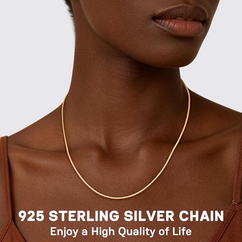 Jewlpire 1.3mm Box Chain 14K Gold Plated 925 Sterling Silver Chain Necklace for Women, Thin & Sturdy Womens Chains Necklace 14 16 18 20 22 24 26 Inches - color: 14K Gold Plated, size: 26 Inches