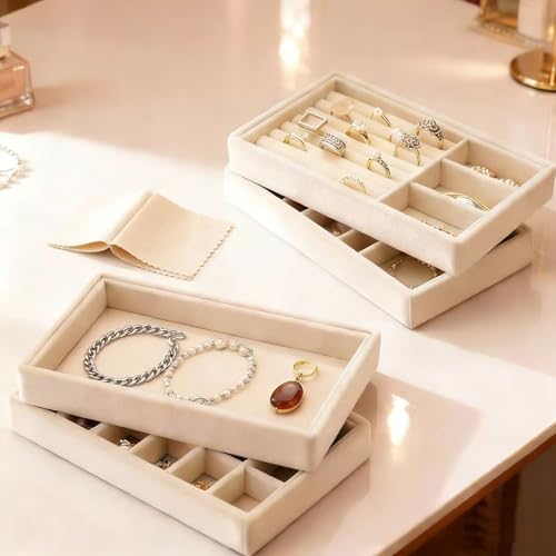 9 Pcs Velvet Jewelry Tray, Stackable Jewelry Organizer, Necklace Bracelet Display Tray, Jewelry Storage Inserts Set for Dresser & Vanity (9)
