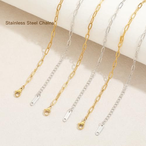 20 PCS Paperclip Chain Bracelet Necklace Kit Stainless Steel Charm Bulk Chains with Extender for DIY Jewelry Making Supplies Accessories (Gold + Steel - color: 3x7.5mm Gold Silver