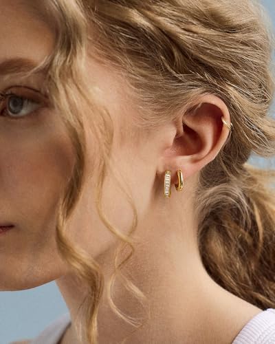 Me&Hz Gold Huggie Earrings Small Huggie Hoop Earrings for Women 14K Gold Plated Hypoallergenic Cubic Zirconia Huggies Mini Silver Hoop Earring for Women - color: Square - CZ, Gold