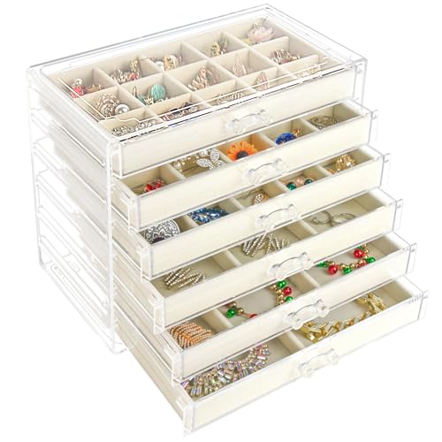 Watpot Acrylic Jewelry Box with 6 Drawers, Clear Earring Storage Organizer Display Case for Women Girls, Beige - color: Beige 6 Layers