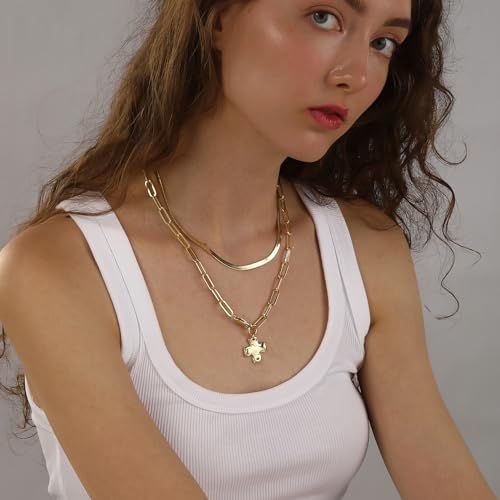 Bheop Chunky Cross Necklace for Women Trendy 14K Gold Silver Layered Statement Cross Pendant Charm Necklace Waterproof Paperclip Herringbone Snake Choker Chain Christian Jewelry Set Gift Non Tarnish - style: GD-2PCS/0.8 inch Cross+Herringbone Necklace