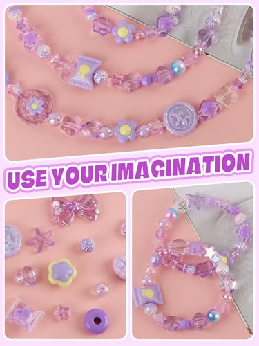 150PCS Acrylic Pastel Beads for Jewelry Making, Kalolary Colorful Bow Butterfly Flower Kawaii Plastic Candy Heart Cute Macaroon Aesthetic Beads for Bracelet Necklace DIY Supplies (Purple) - color: Purple