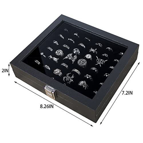 Pangkeep Ring Organizer Display Case,Black Jewelry Storage Tray Boxes for Multiple Rings,Glass Lid,Stackable. (42 Slots)
