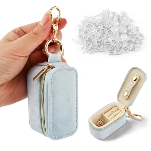 Velvet Mini Travel Jewelry Case, 2 in 1 Ring Holder Keychain + 50 Plastic Earrings, Portable Small Jewelry Organizer for Women, Travel/Gym/Wedding/Bridesmaid Gift - color: blue