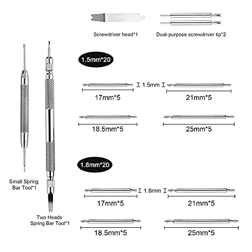 Spring Bar Tool, Watch Band Tool Set, Watch Wrist Bands Strap Removal Repair Fix Kit with Extra 3 Tips Pins & 40PCS Heavy Duty Stainless Steel Pins - color: 45pcs Silver