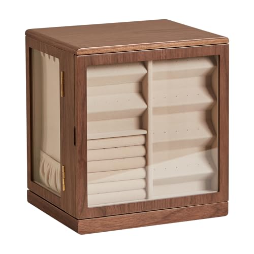 CHOSIN Black Walnut Wooden Jewelry Box, 360° Rotating Organizer with Glass Lid, 5 Drawers for Earrings, Rings, Necklaces – Vertical Jewelry Storage for Women Mothers Day Gifts for Mom - style: 360° Rotatable