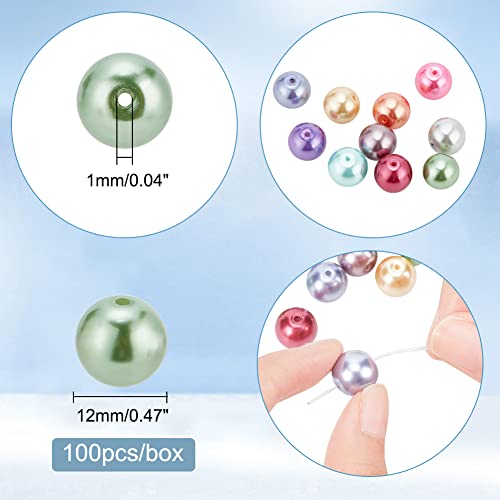 PH PandaHall 100pcs 12mm Pearlized Glass Beads, Craft Pearl Beads Mixed Color Dyed Round Satin Luster Faux Pearl Bead Imitation Pearls Bead for Jewelry Necklace Craft Making Vase Fillers - size: 12mm