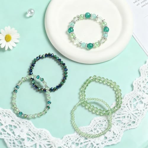 5Pcs Beaded Bracelets for Women, Bohemian Glass Faceted Crystal Beads Bracelet, Stackable Boho Disco Ball Stretch Bracelets, Multilayered Purple Jewelry Gift for Women, Mother's Day - color: Green