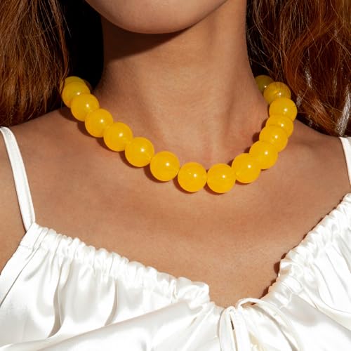 Colorful Chunky Beaded Necklace for Women Acrylic Bead Choker Necklaces Fashion Large Round Beads Necklaces for Women Handmade Summer Jewelry - color: Yellow Beaded Necklace