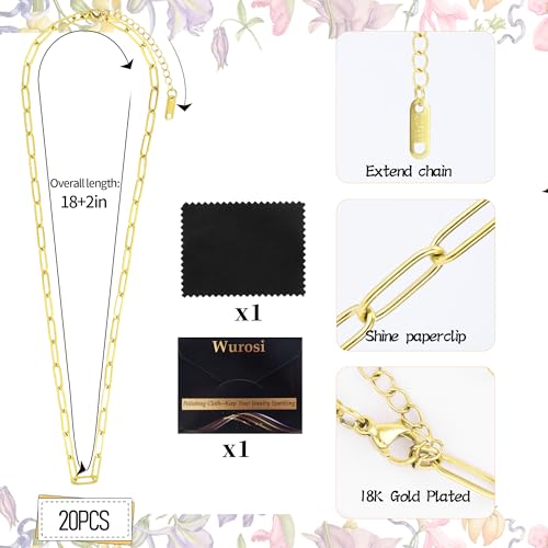 20 Pack 18Inch 18K Gold Plated Paperclip Charm Necklace Chains for Jewelry Making Adjustable 4mmx12mm Stainless Steel Necklace Chain with 2 Inch Extension Chain for Women - color: Necklace 20 Pcs Gold Necklace