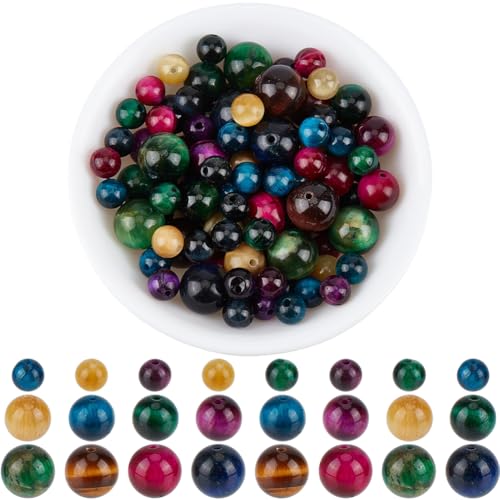 100PCS Natural Tiger Eye Stone Beads with Hole Round Energy Gemstone Pink Blue Green Smooth Polished Loose Spacer Bead Bulk for Jewelry Making Earrings Bracelets Necklaces DIY Crafts Supply - size: mix 100pcs