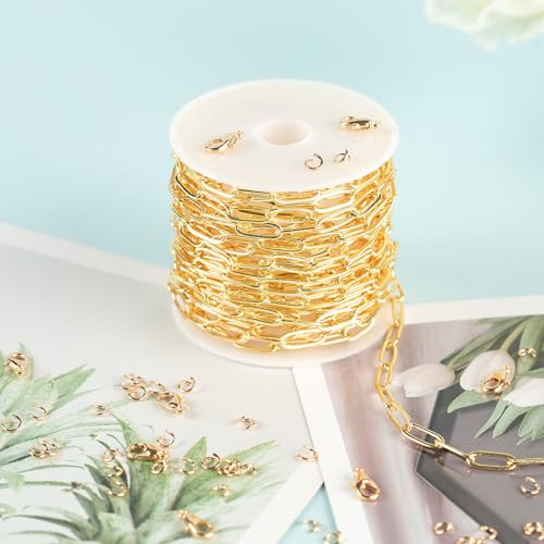 YOUBEIYEE 5 Meters Light Gold Paperclip Jewelry Chain for Jewelry Making 18K Gold Plated Brass Link Chain Necklace DIY with Jump Rings and Lobster Clasps - color: Paperclip