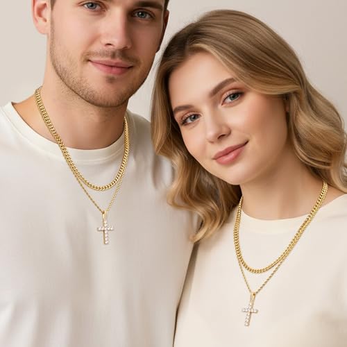 Fiusem Layered Cross Necklace for Men, Silver Tone/14K Gold Plated Mens Necklace Chain with Cubic Zirconia Cross Pendant, Stainless Steel Cuban and Rope Chain - color: Gold, size: 16/18 inches