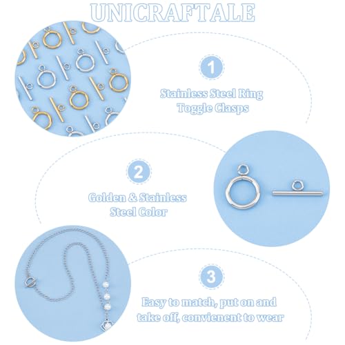 UNICRAFTALE 30 Sets 2 Colors Toggle Clasps 304 Stainless Steel Ring Toggle Connectors Golden & Stainless Steel Color IQ Toggles Clasps & Tbar Clasp for DIY Necklace Bracelet Jewelry Making