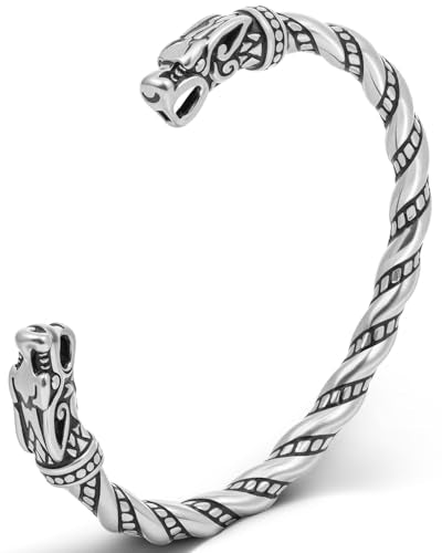 Stainless Steel Cuff Bracelet,Retro Gothic Punk Biker Cool Open Adjustable Cuff Bangle Bracelets Jewelry for Men Silver - style: Norse Viking Wolf