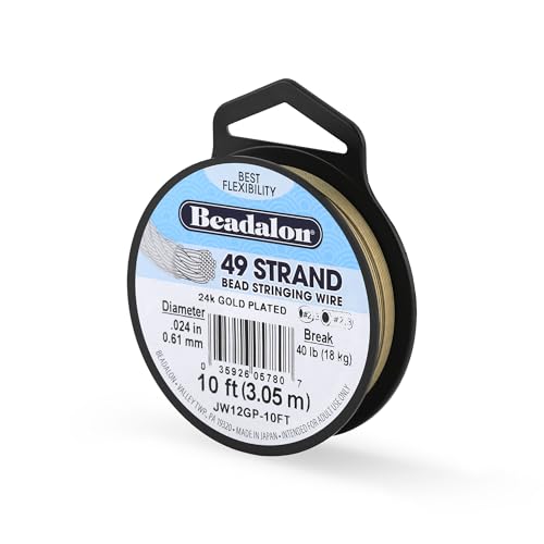 Beadalon 49 Strand Stainless Steel Bead Stringing Wire, .024 in / 0.61 mm, Gold Plated, 10 ft / 3.1 m - color: Gold Plated, style: .024 in / 0.61 mm, 10 ft / 3.1 m