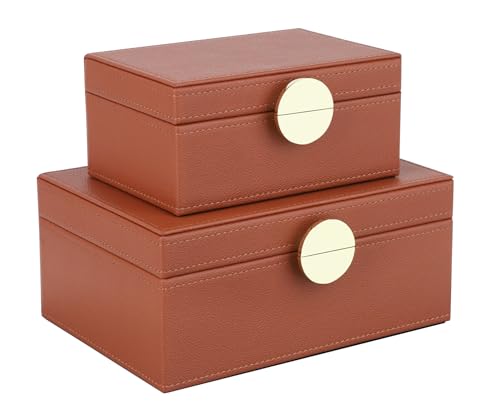 HofferRuffer Faux Leather Jewelry Boxes, Decorative Boxes Storage Accessory Organizer with Gold Hardware Decor, Classic Vegan Leather Set of 2 Pieces (Brown) - color: Brown