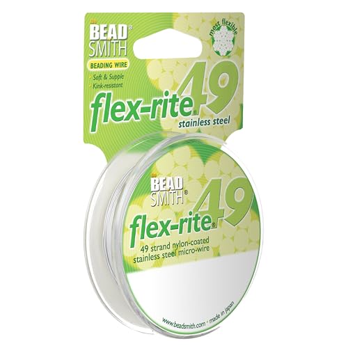 The Beadsmith Flex-Rite Beading Wire - 49-Strand Nylon-Coated Stainless-Steel Wire, 0.014" (0.35 mm) Dia, Pearl Silver, 30 ft Spool, Durable Necklace & Bracelet String, for Jewelry Making Supplies - color: Pearl Silver, size: .014” Dia - 30 ft