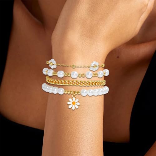RISHEGAE Heishi Beaded Stretch Bracelets for Women Stackable Polymer Clay Beads Bracelets Friendship Boho Summer Beach Bracelet Jewelry Set - color: B-White Daisy 1