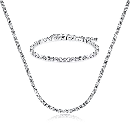 Tewiky Layered Necklaces for Women Non Tarnish- Chunky 14k Gold Plated Herringbone/Snake/Rope/Box/Cuban Link Chain for Women Waterproof Layering Stack Choker Necklace Trendy Dainty Tarnish Free Jewelry Set - color: Tennis Necklace Set Silver