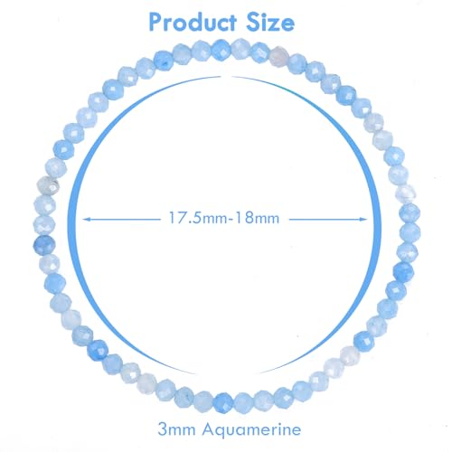 BONNY BOXX Natural Genuine Gemstone Faceted Round Beads Bracelets, 3mm Adjustable Stretchy Tiny Faceted Black Tourmaline Bracelet, Healing Crystal Reiki Chakra Dainty Jewelry Fashion Gifts - color: Aquamarine
