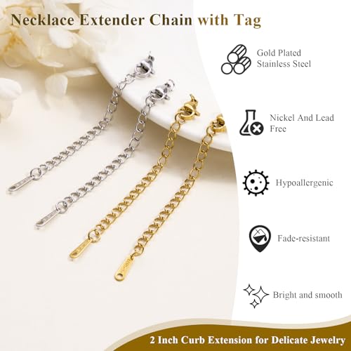 20PCS Gold Plated Necklace Extender for Women 2 Inch Chains Extenders for Necklace Gold and Silver Bracelet Anklet Extension with Charm for Jewelry - color: Large and Small