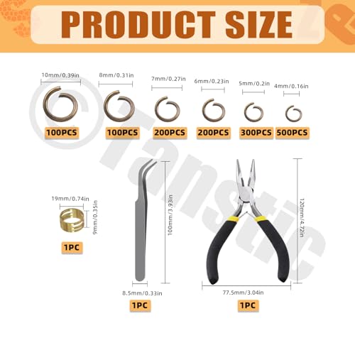 Tanstic 1403Pcs Bronze Open Jump Rings Kit, 4mm, 5mm, 6mm, 7mm, 8mm, 10mm Jewelry Jump Rings with Jump Ring Opener, Jewelry Pliers and Tweezer for Jewelry Making - color: Bronze Jump Rings