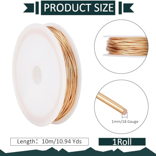 PH PandaHall 18K Gold Plated Copper Wire, 18 Gauge Golden Metal Wire 1mm Jewelry Wire Metal Craft Wire Beading Wire with Spool for DIY Crafts Jewelry Making Wrapping Sculpting, 32ft/10m - size: 1mm/18 Gauge
