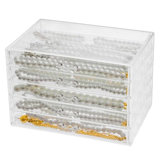 CLUQMEIK Necklace Box Tray with 5 Clear Drawers, Dustproof Necklaces Holder Storage Display Case, Necklace Tray Drawer for Pendant Suitable for Women and Girls (Transparent) - color: Clear-5layer