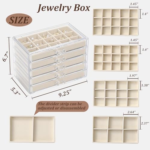 CLUQMEIK Acrylic Jewelry Organizer Box with 5 Drawers, 50 Grids Clear Earring Box Organizer with Adjustable Velvet Trays, Jewelry Storage Organizer for Women Girls, Beige