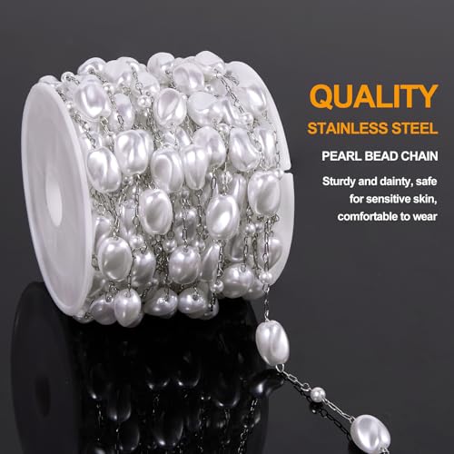 KYUNHOO 5 Meters Silver Stainless Steel Jewelry Chain Roll Faux Pearl Bead Chains with Lobster Clasps Jump Rings for Women Making Jewelry Crafts Finding Supplies - color: Irregular Bead Silver