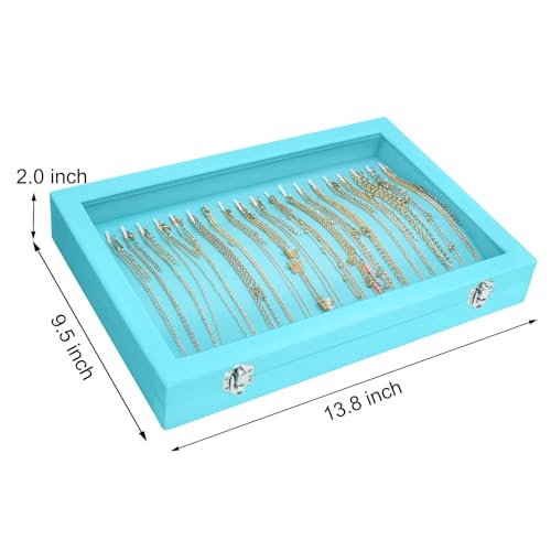 Siveit Necklace Organizer Box Premium 20 Hooks Velvet Necklace Display Jewelry Tray with Transparent Lid Jewelry Necklace Display Box for Necklace Pendants Suitable for Women and Girls (Light Blue) - color: Light Blue