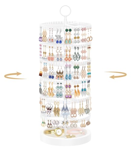 MODOWEY 6 Tier Rotating Earring Holder Organizer Display Tree with Wooden Tray, Adjustable Plastic Stand with 342 Slots for Stud Hoop Hanger, Large Capacity Storage Rack for Women Space Saving, White - color: Classic White